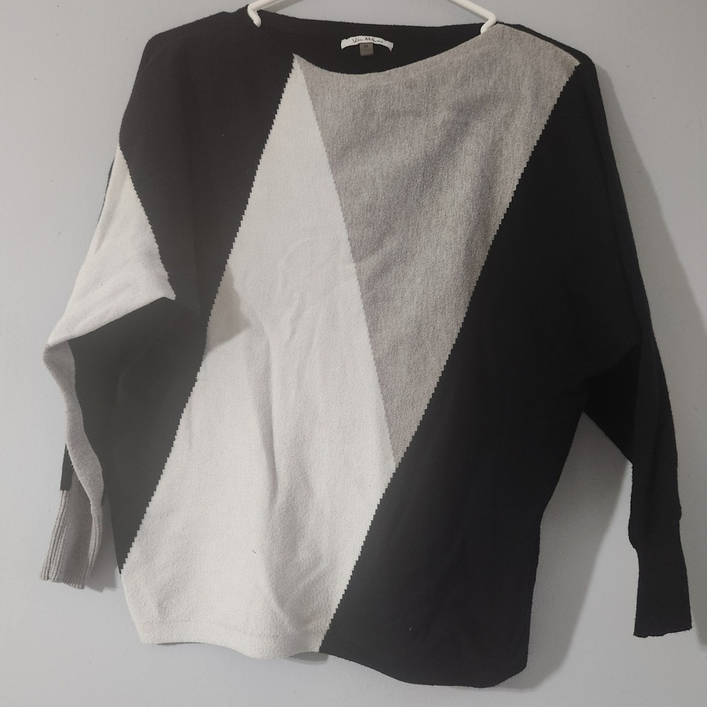 Vila Milano Womens Geometric Colorblock Knit Top Sweater Black Grey White Size M